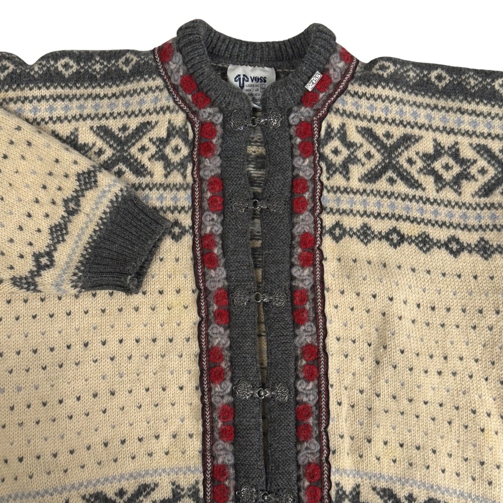 Vintage Voss Norway Pure Wool Sweater Pewter Clasps Setesdal Lusemonster Women L